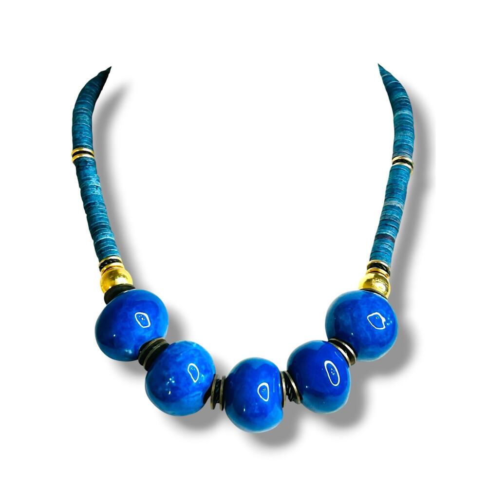 Vintage Cobalt Blue Glazed Large Beads Statement Necklace Blue and Gold Tone